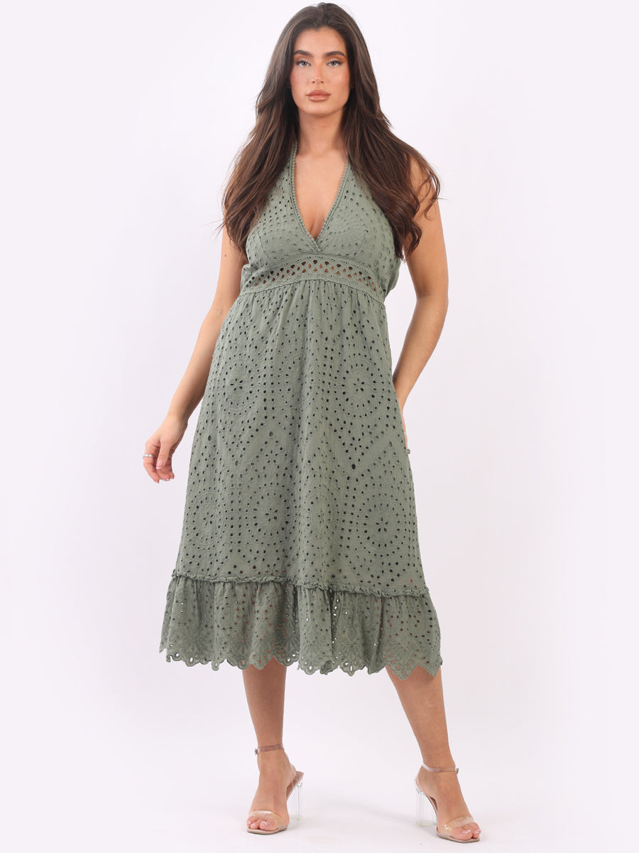 Lagenlook Halter Midi Dress Khaki