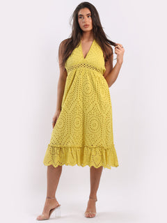 Lagenlook Halter Midi Dress Lime Green