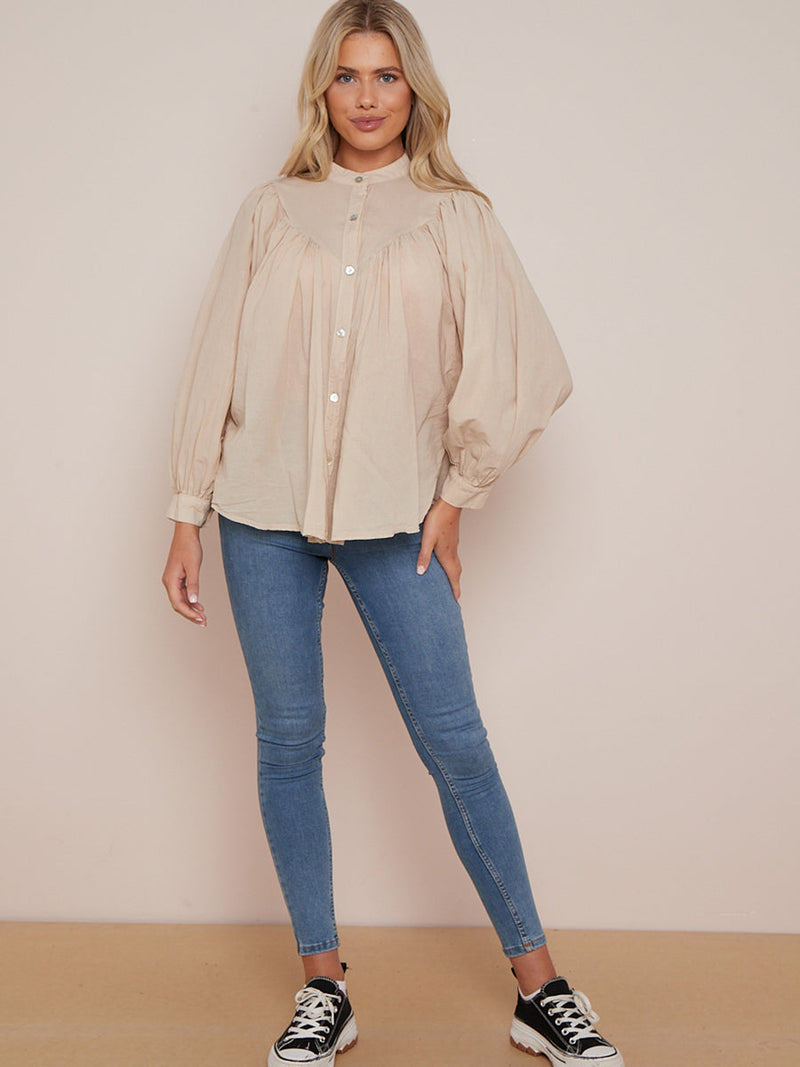 Batwing Cotton Blouse Beige 