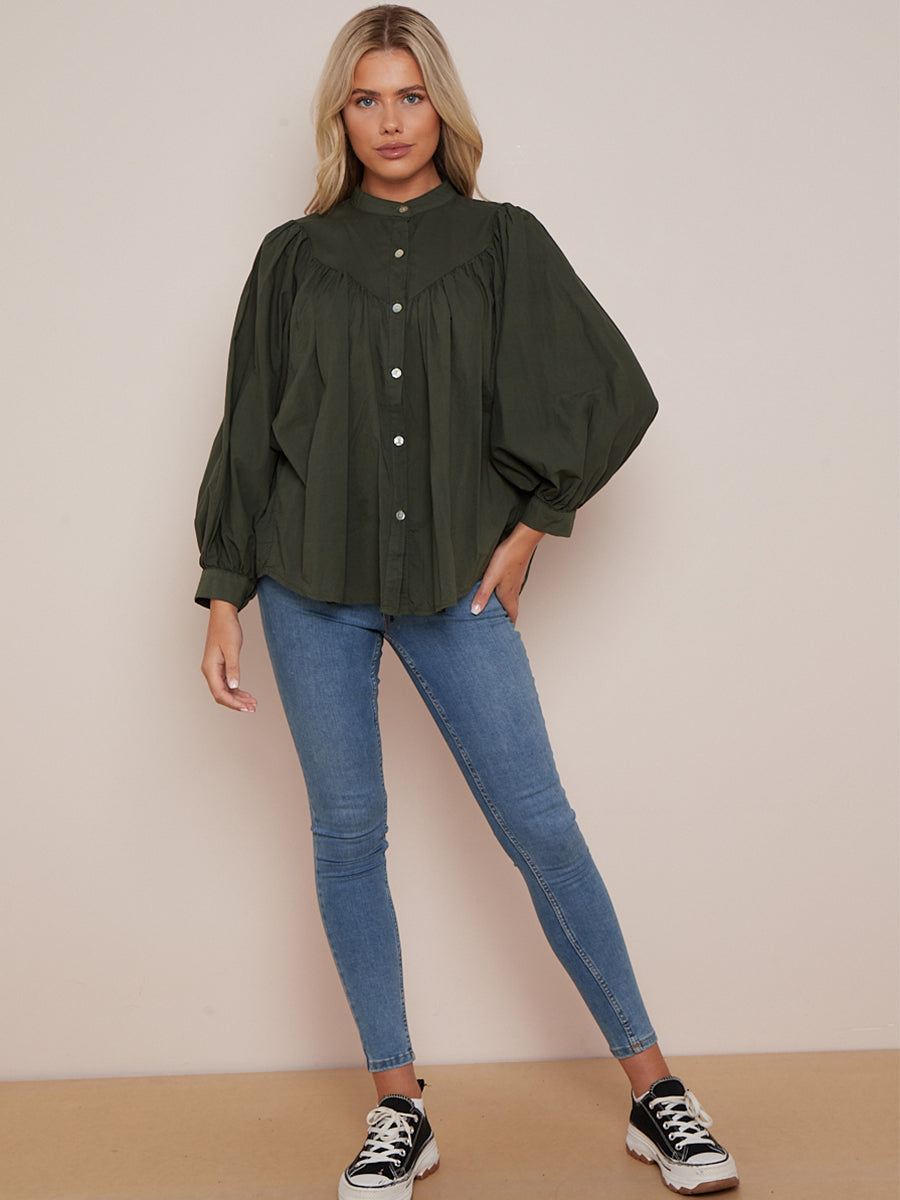 Batwing Cotton Blouse Khaki