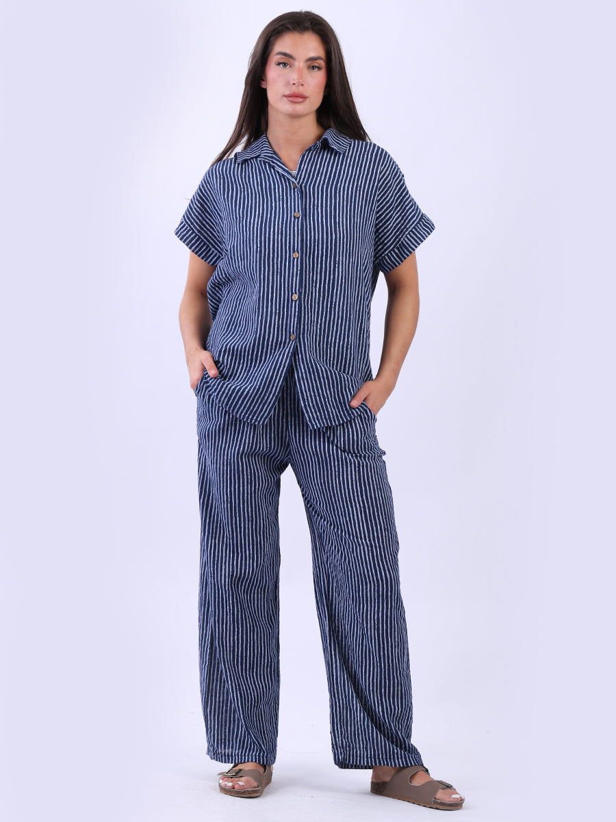 Stripy Cotton Wide Leg Pant Navy
