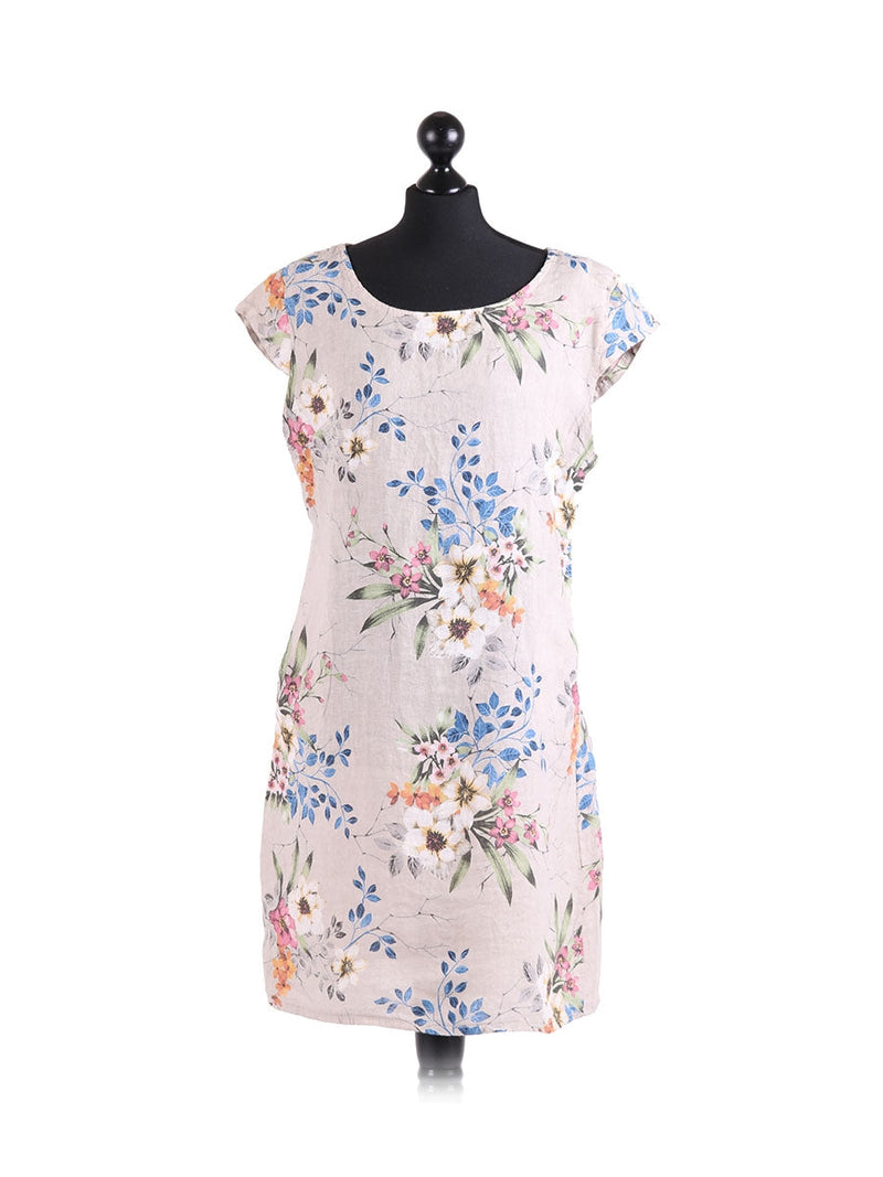Floral Print Linen Dress Beige 