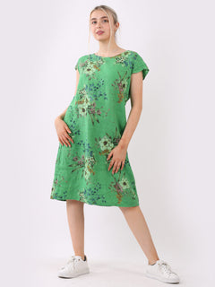 Floral Print Linen Dress Green