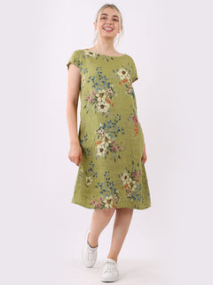 Floral Print Linen Dress Lime Green 