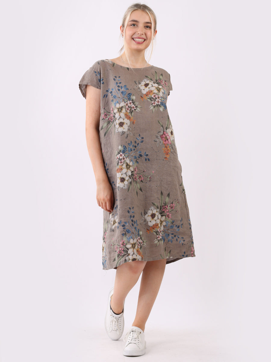 Floral Print Linen Dress Mocha