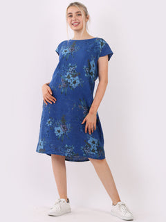 Floral Print Linen Dress Royal Blue