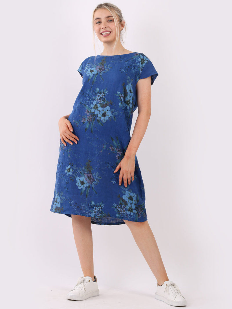 Floral Print Linen Dress Royal Blue