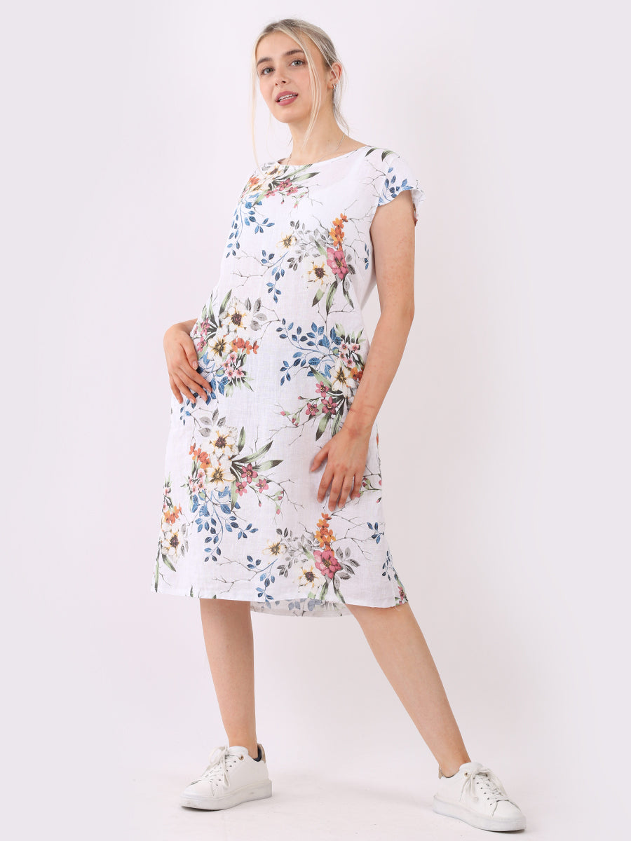 Floral Print Linen Dress White
