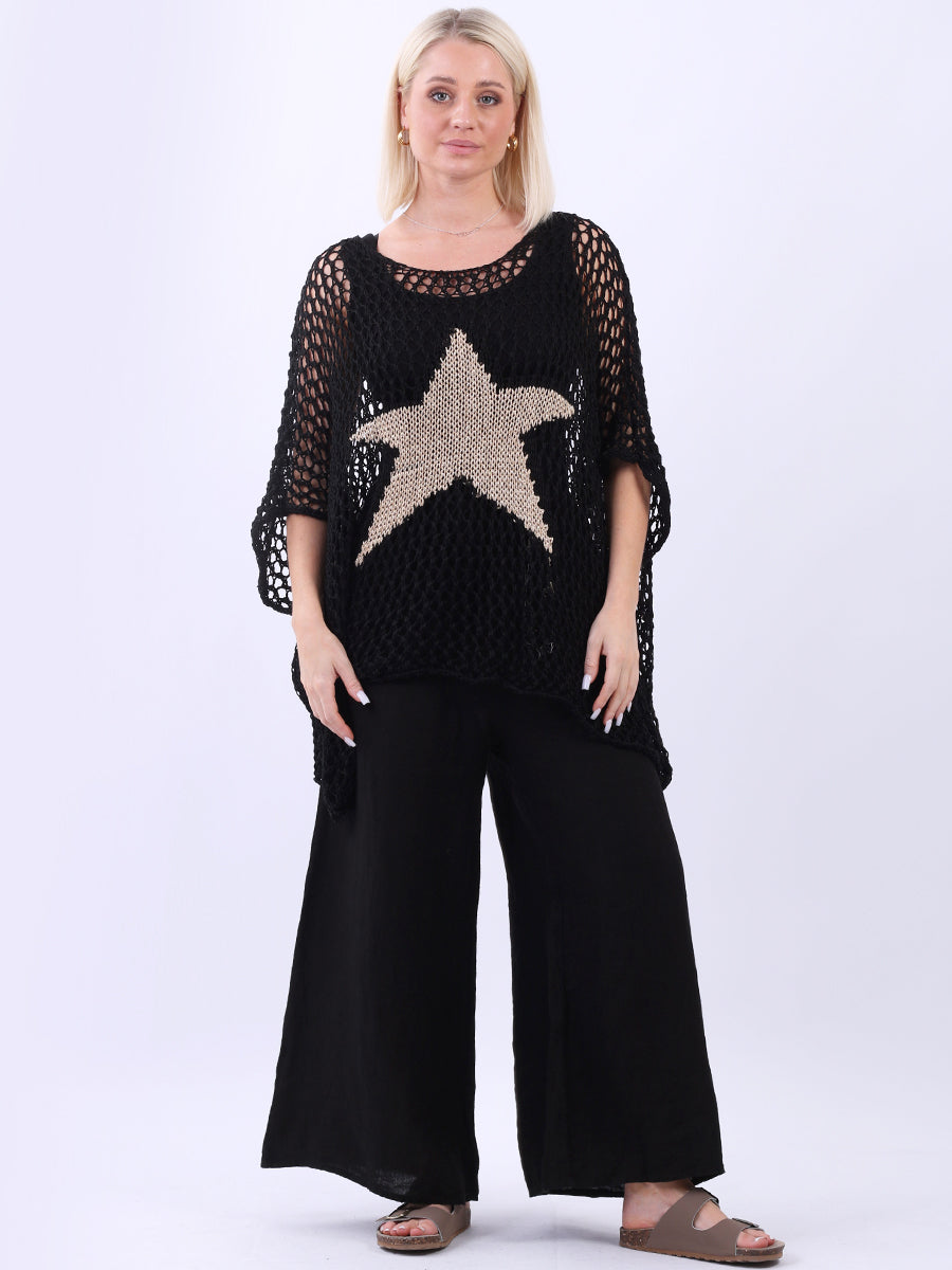 Star Knit Crochet Cotton Top Black