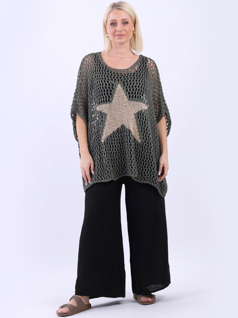 Star Knit Crochet Cotton Top Khaki