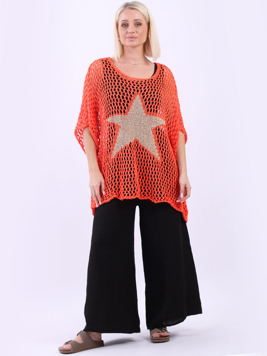 Star Knit Crochet Cotton Top Orange 