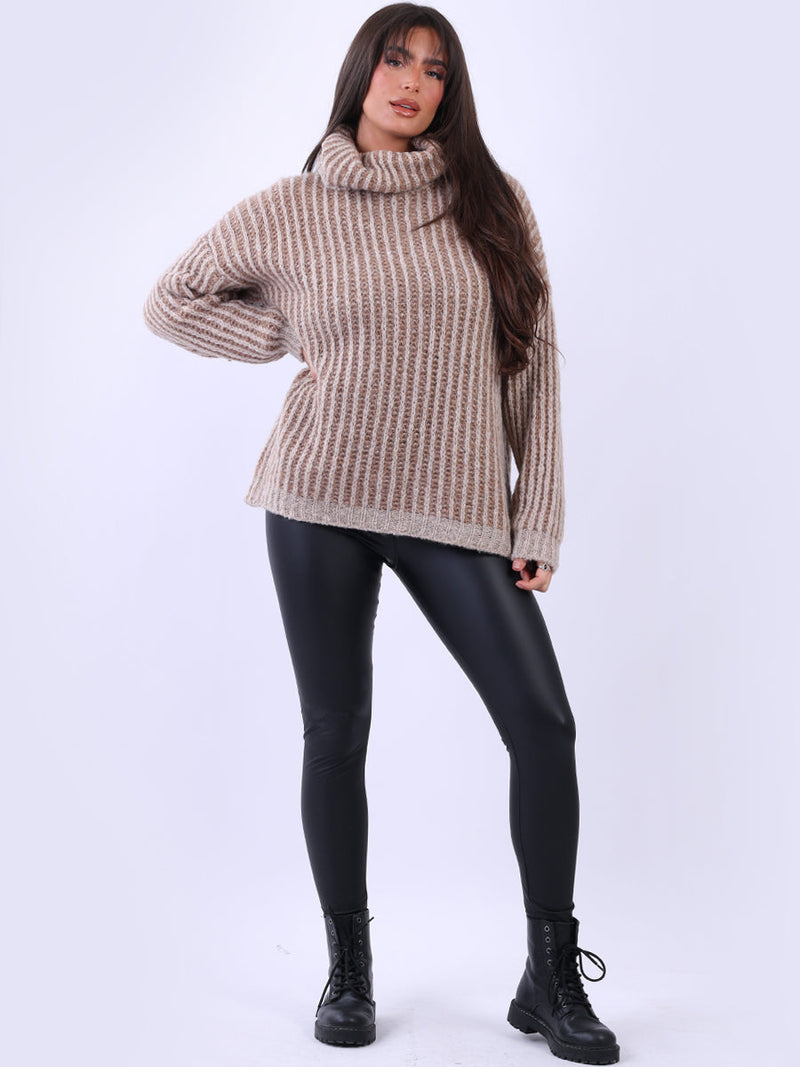 Knitted Wool Striped Jumper Mocha