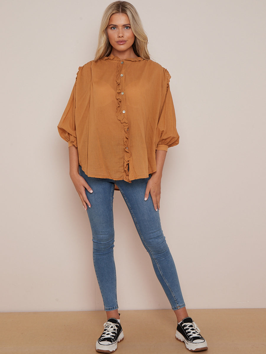Plain Cotton Boxy Shirt Blouse Camel