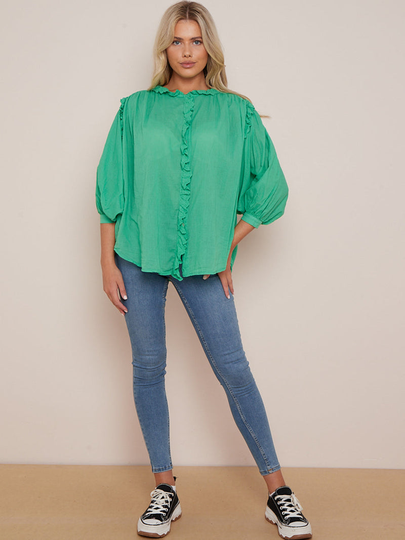 Plain Cotton Boxy Shirt Blouse Green