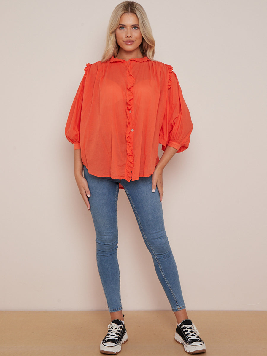 Plain Cotton Boxy Shirt Blouse Orange 