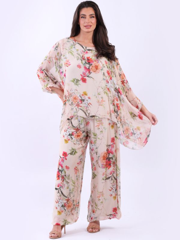 Batwing Floral Silk Top Beige
