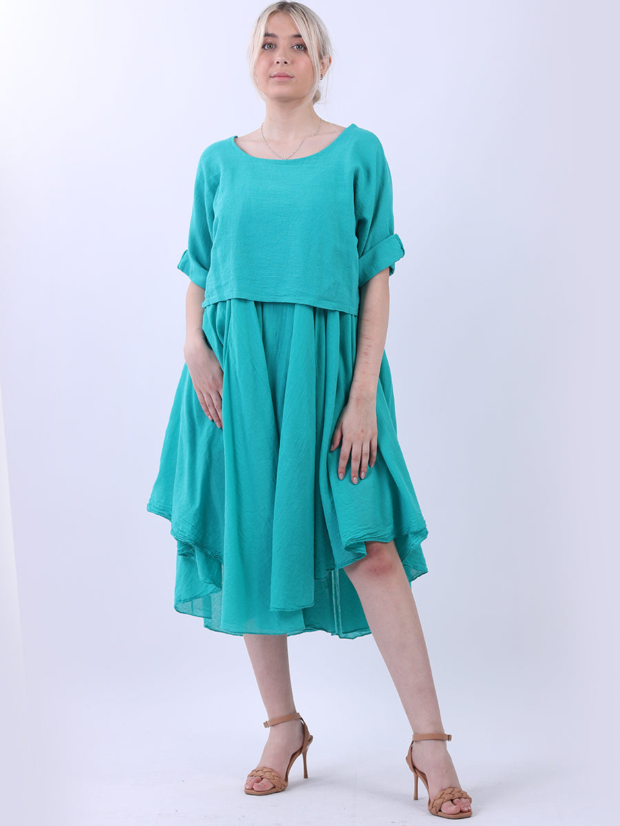 Pleated Cotton Lagenlook Dress Aqua