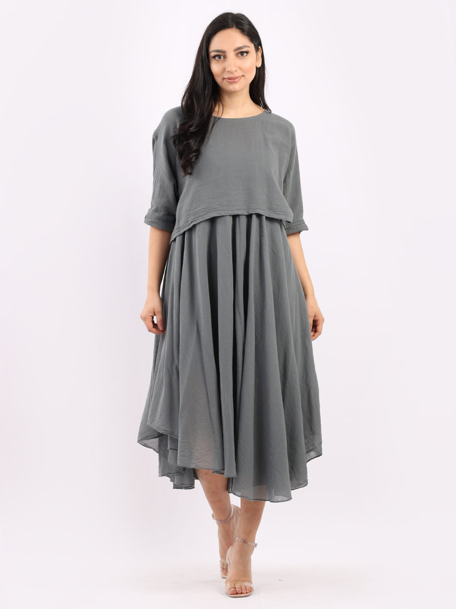 Pleated Cotton Lagenlook Dress Charcoal
