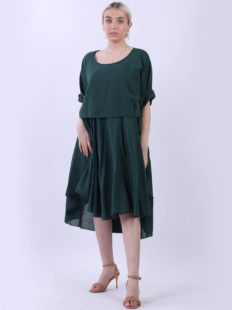 Pleated Cotton Lagenlook Dress Bottle Green