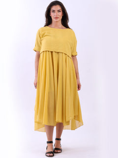 Pleated Cotton Lagenlook Dress Mustard