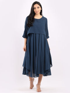 Pleated Cotton Lagenlook Dress Navy