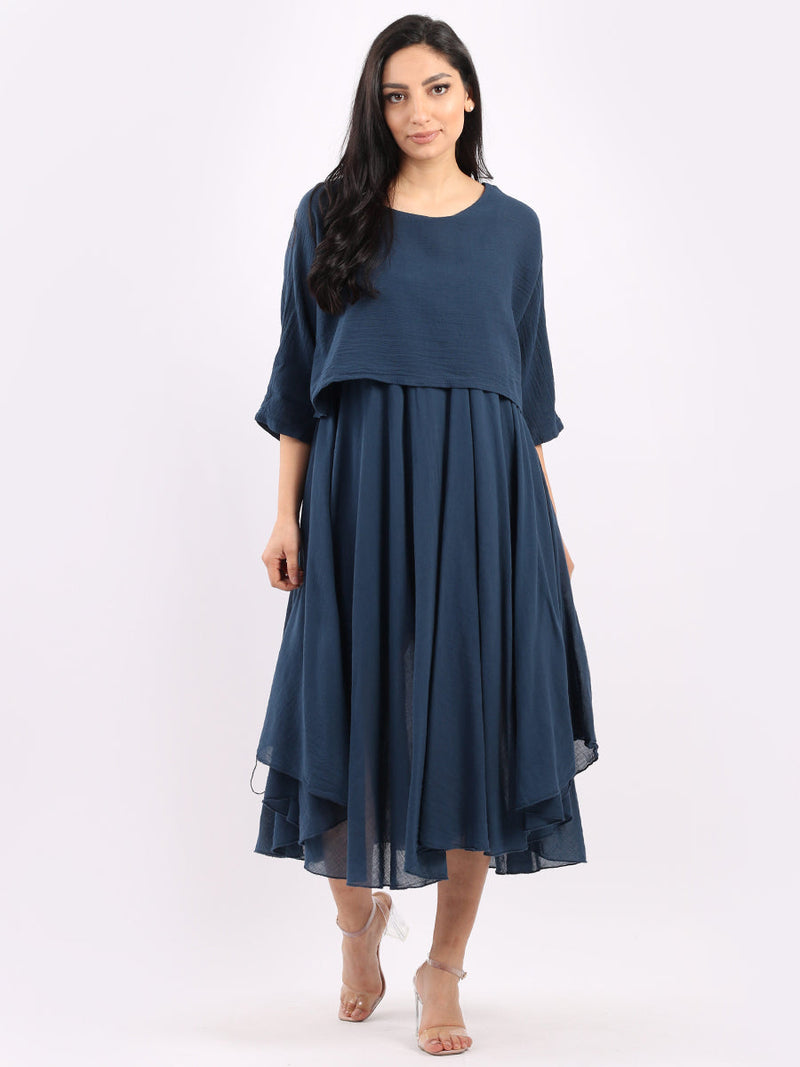 Pleated Cotton Lagenlook Dress Navy