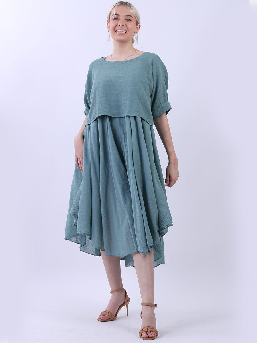 Pleated Cotton Lagenlook Dress Ocean Blue