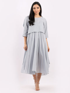Pleated Cotton Lagenlook Dress Silver