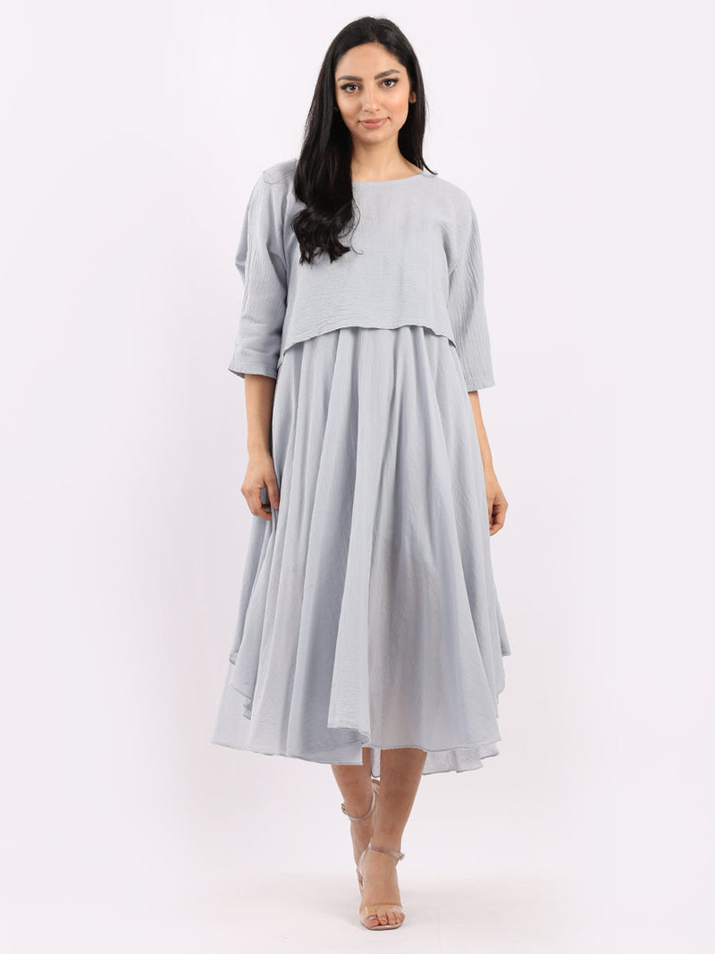 Pleated Cotton Lagenlook Dress Silver