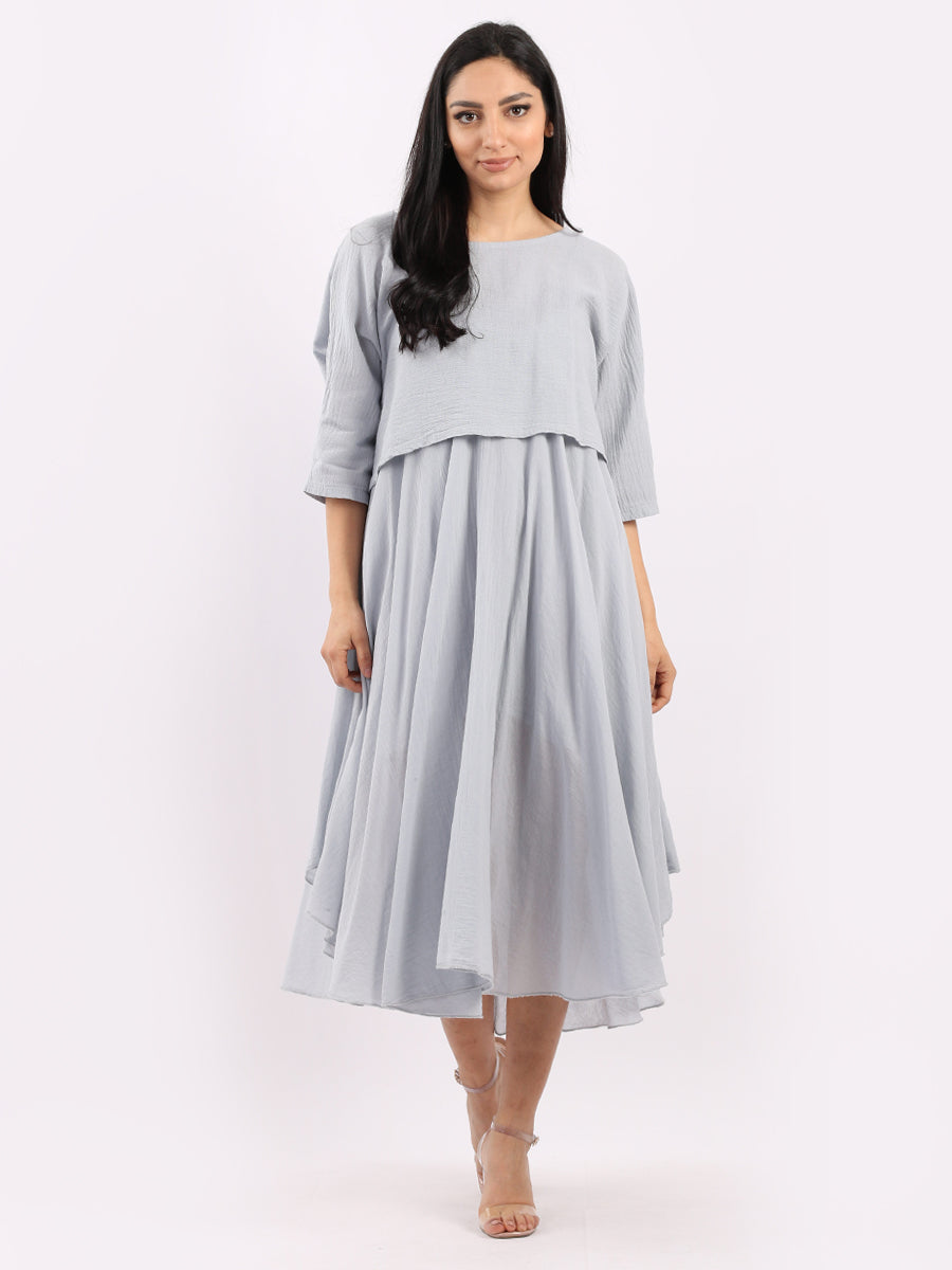 Pleated Cotton Lagenlook Dress Silver