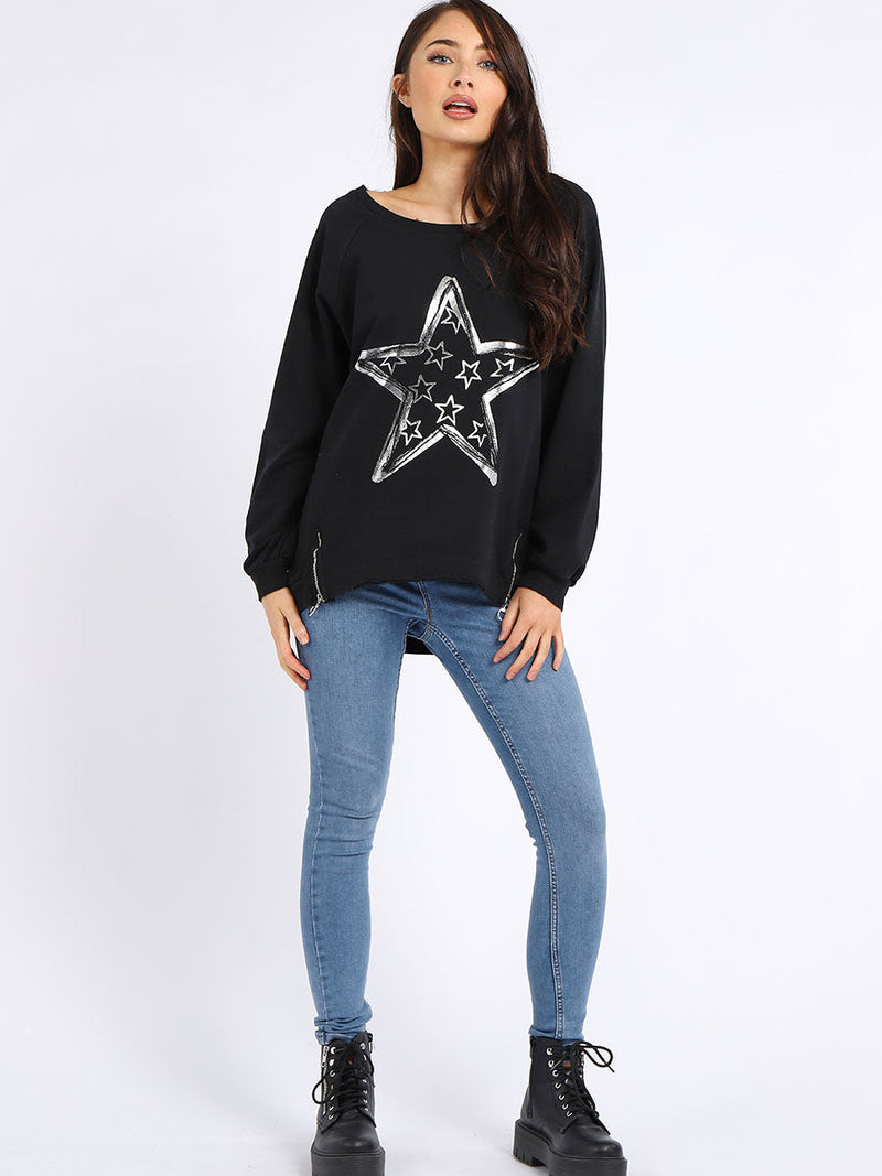  Foil Star Cotton Sweat Top Black