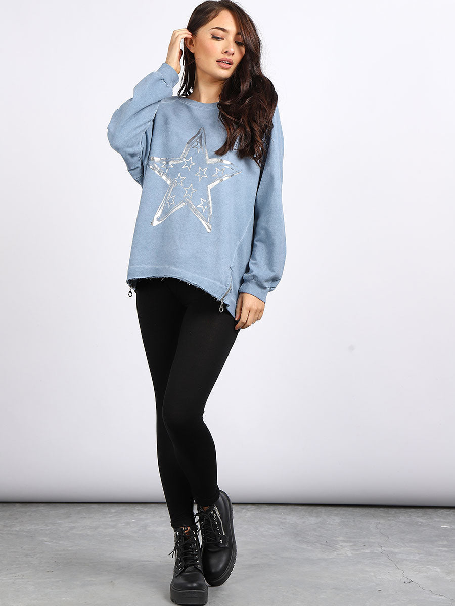 Foil Star Cotton Sweat Top Denim