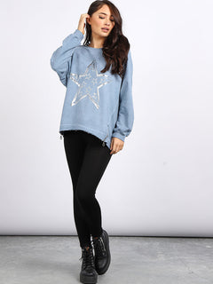  Foil Star Cotton Sweat Top Denim