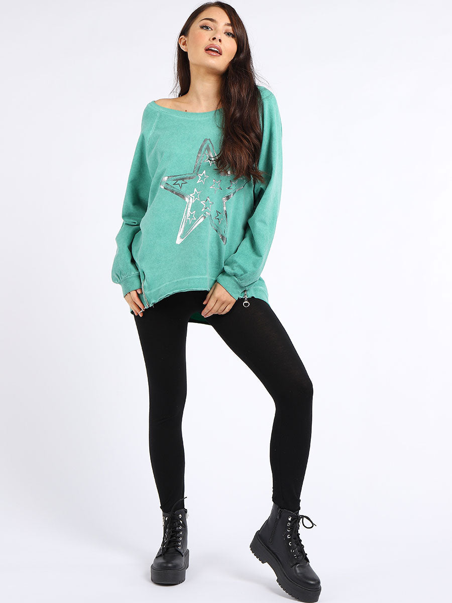  Foil Star Cotton Sweat Top Green