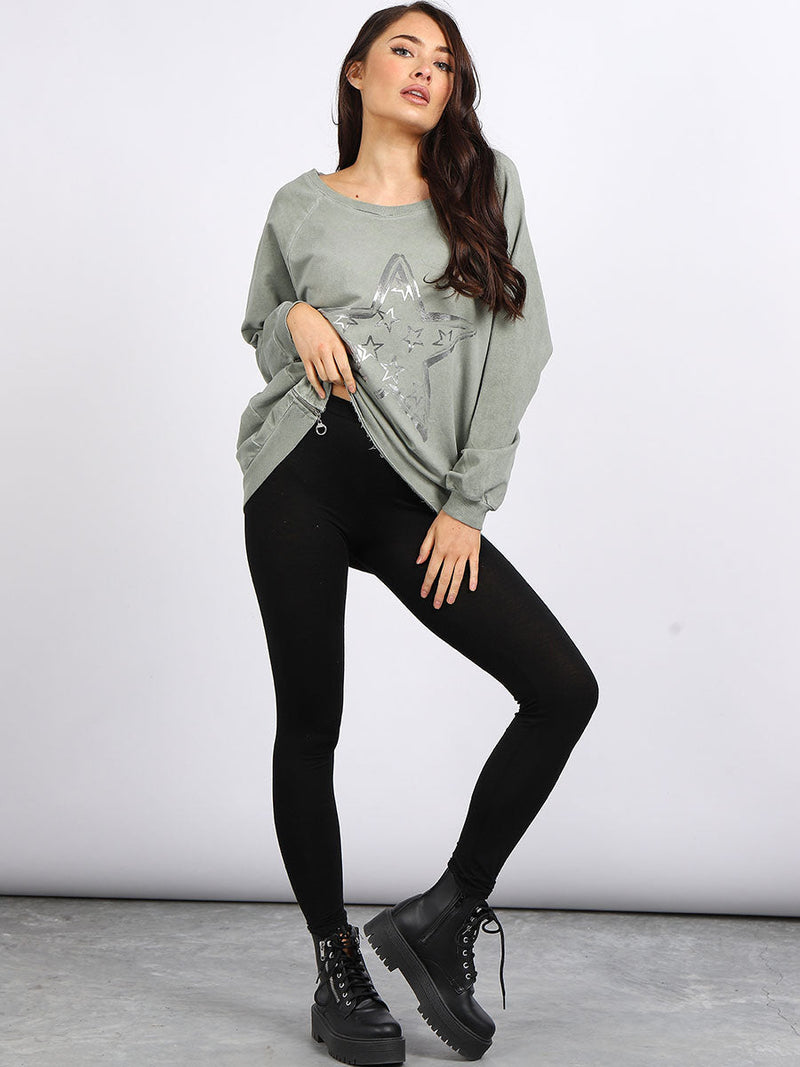  Foil Star Cotton Sweat Top Khaki