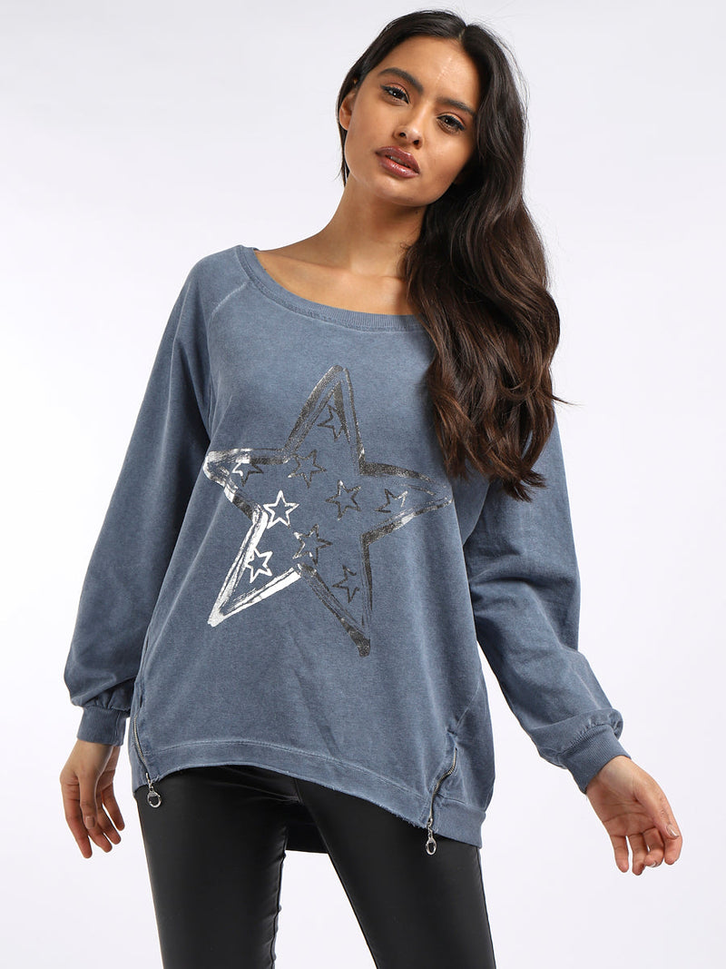  Foil Star Cotton Sweat Top Navy
