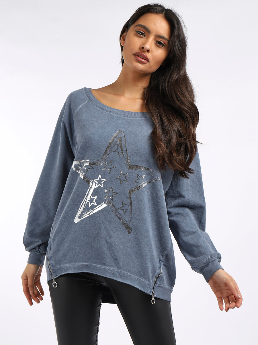  Foil Star Cotton Sweat Top Navy