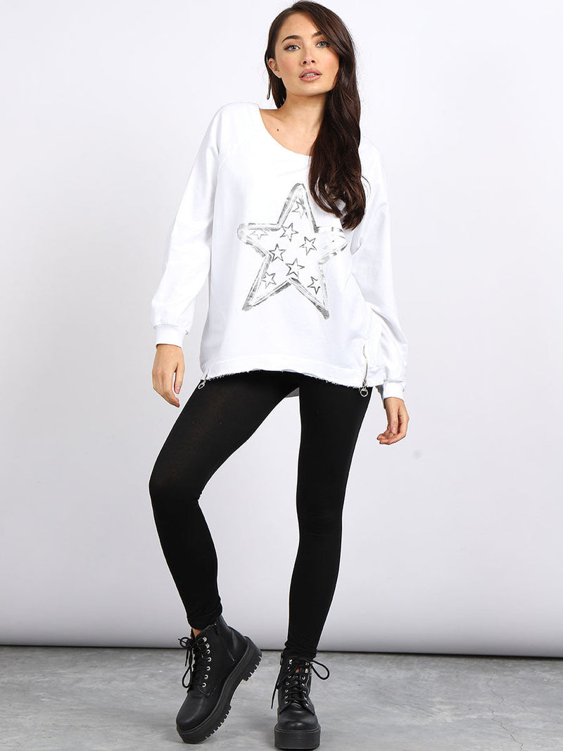  Foil Star Cotton Sweat Top White