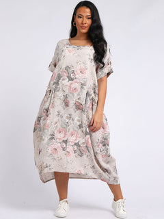 Floral Linen Dress Beige