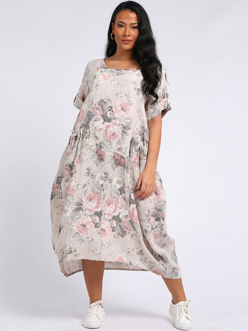Floral Linen Dress Beige