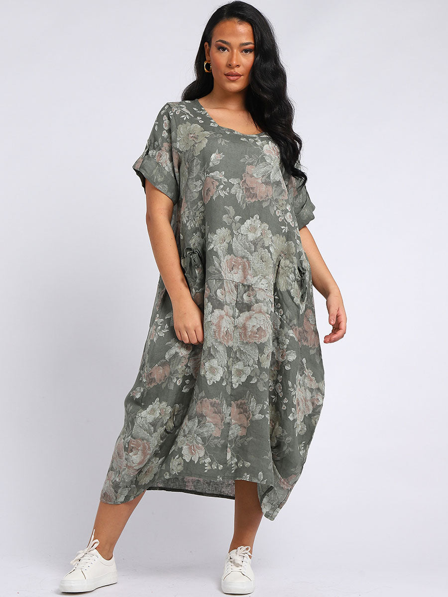 Floral Linen Dress Khaki