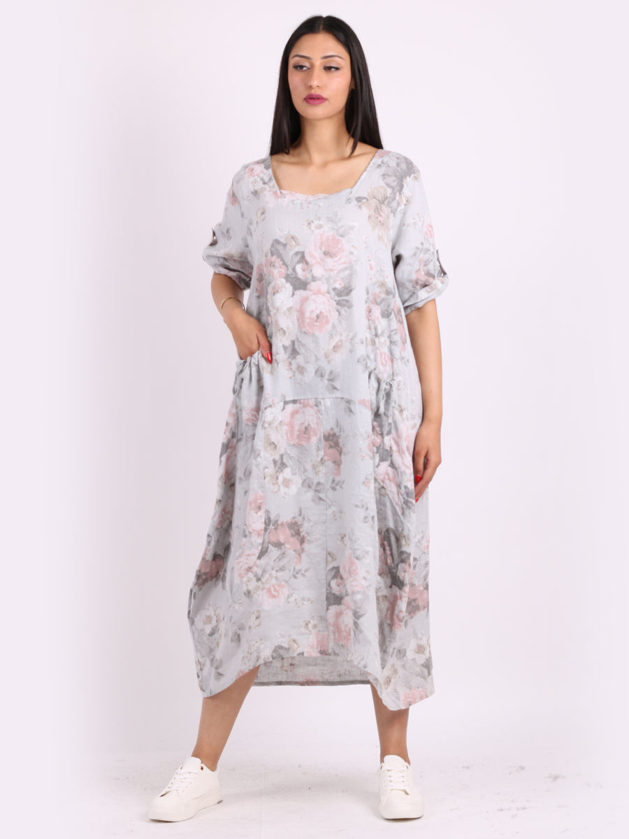 Floral Linen Dress Light Grey