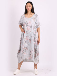 Floral Linen Dress Light Grey