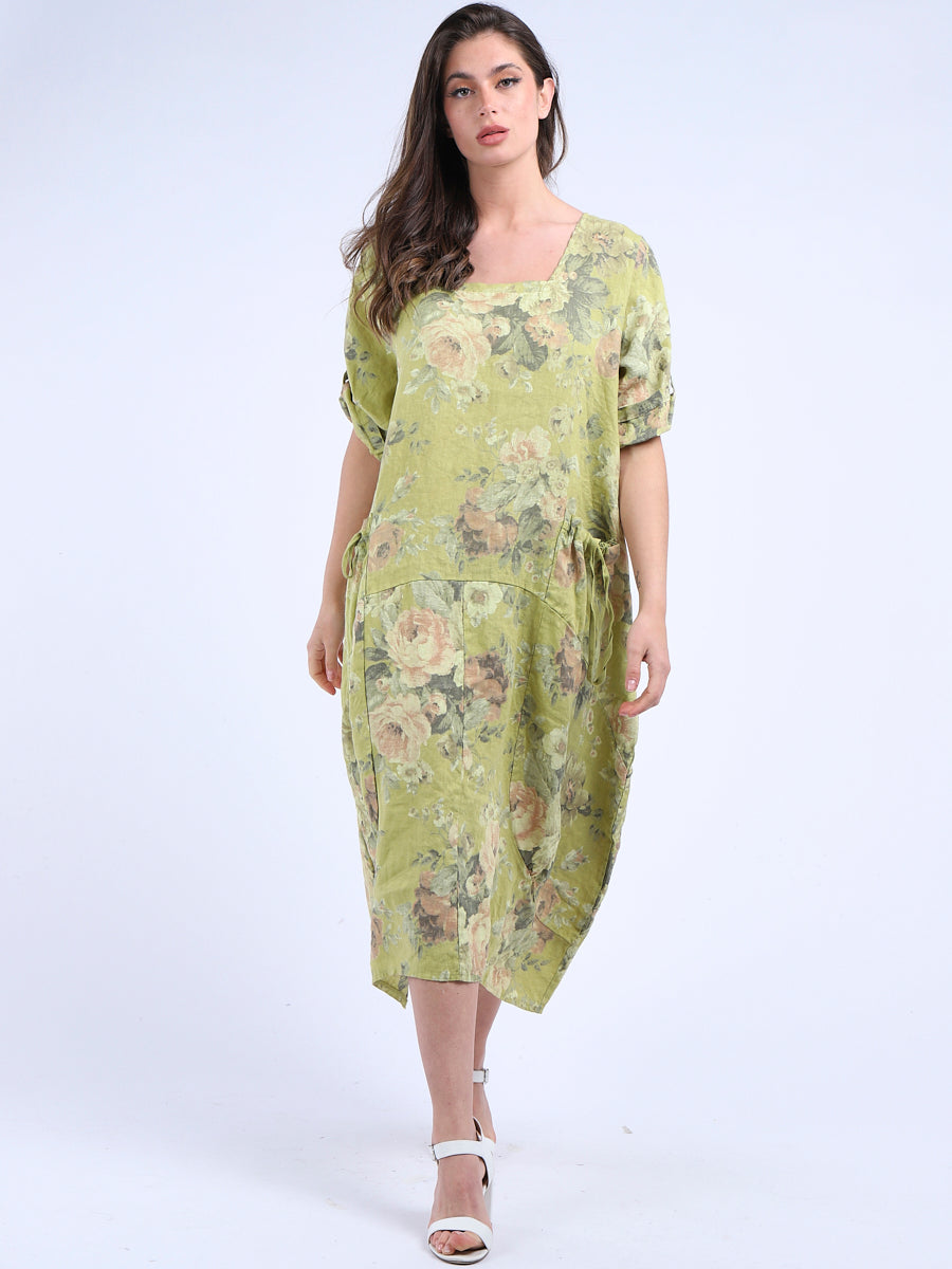 Floral Linen Dress Lime Green