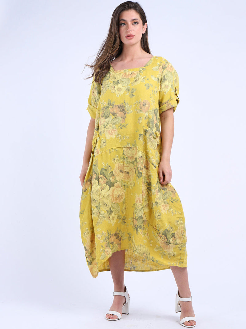 Floral Linen Dress Mustard