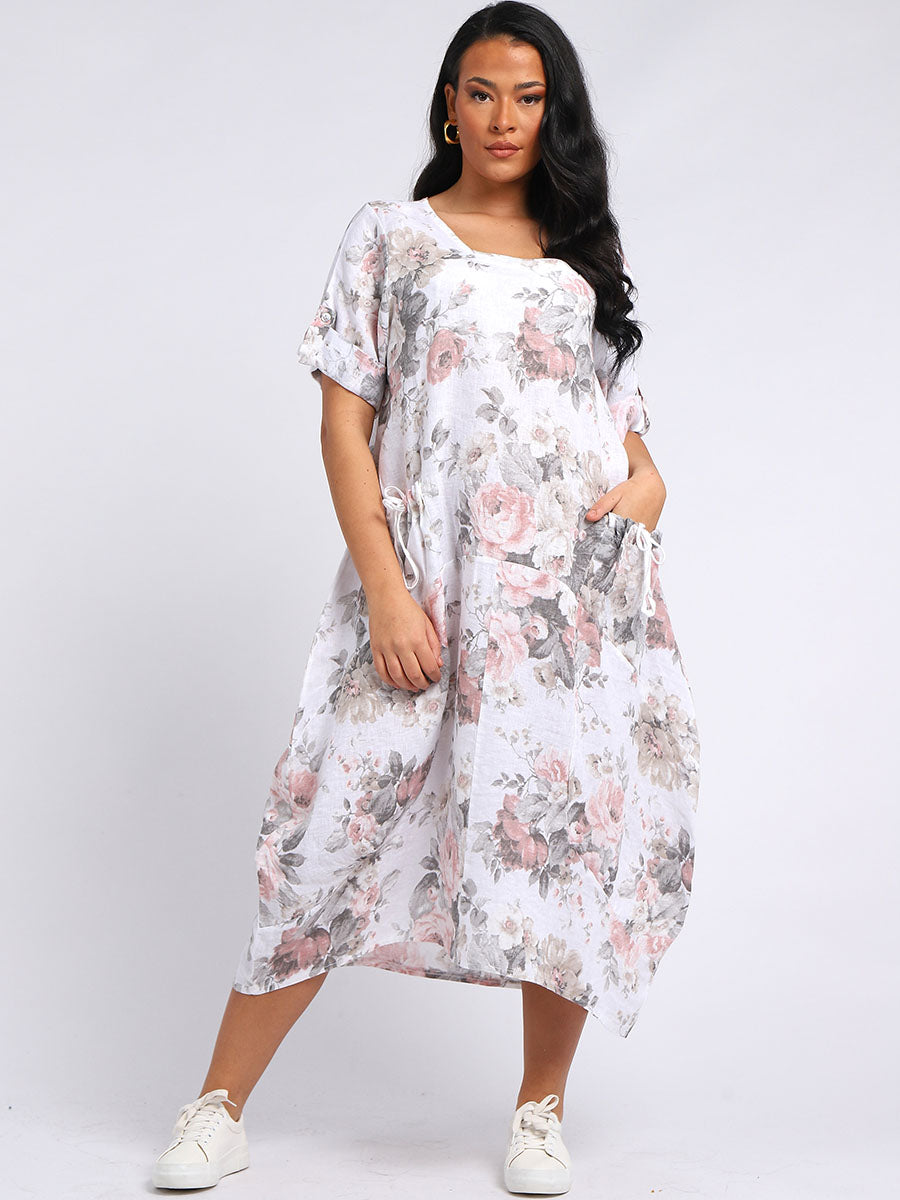 Floral Linen Dress White