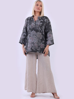 Floral Linen Top Charcoal