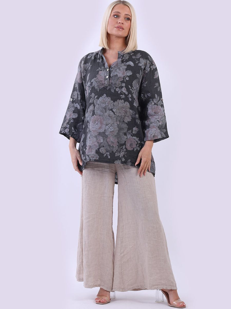 Floral Linen Top Charcoal