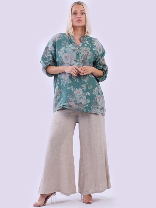 Floral Linen Top Ocean Blue
