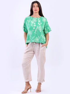 Floral Linen Crop Top Green